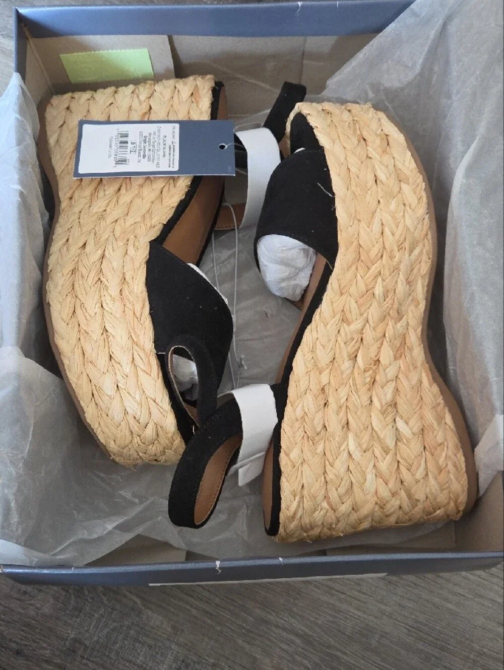 Women’s Black Espadrille Wedge Sandals with Ankle Strap, Size 5.5. New In Box